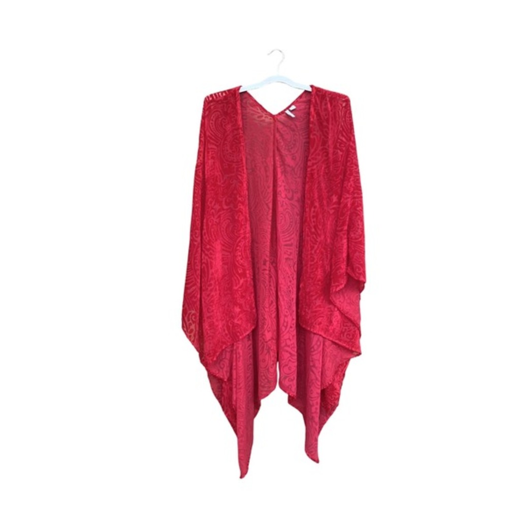 Cato Red Burnout‎ Velvet Paisley Kimono Cardigan Sheer Boho Cover Up 26/28W